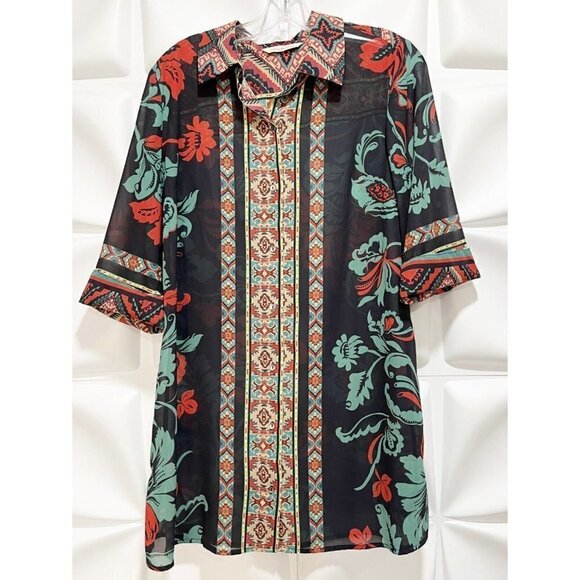 Soft Surroundings Sz M Black Tribal iKat Print Button Up Tunic Top Topper Jacket - Picture 2 of 8